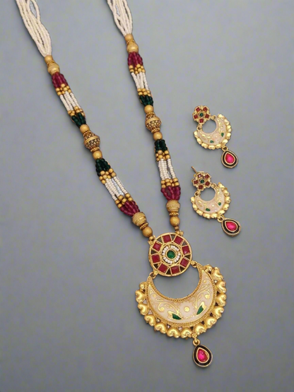 Premium Rajwadi Moti Mala Long Har Set with Earrings