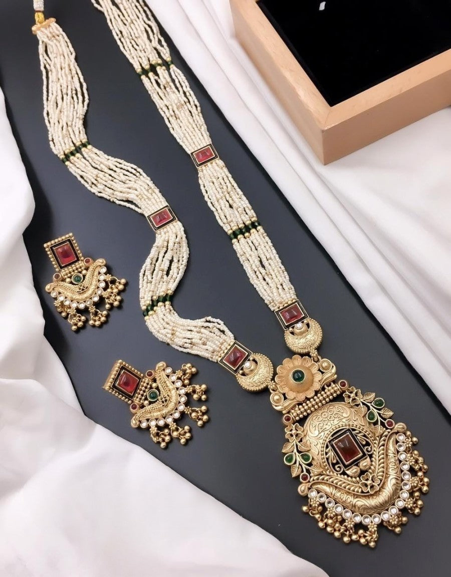 antique rajwadi long jewelry set (matte finish) - timeless royal elegance