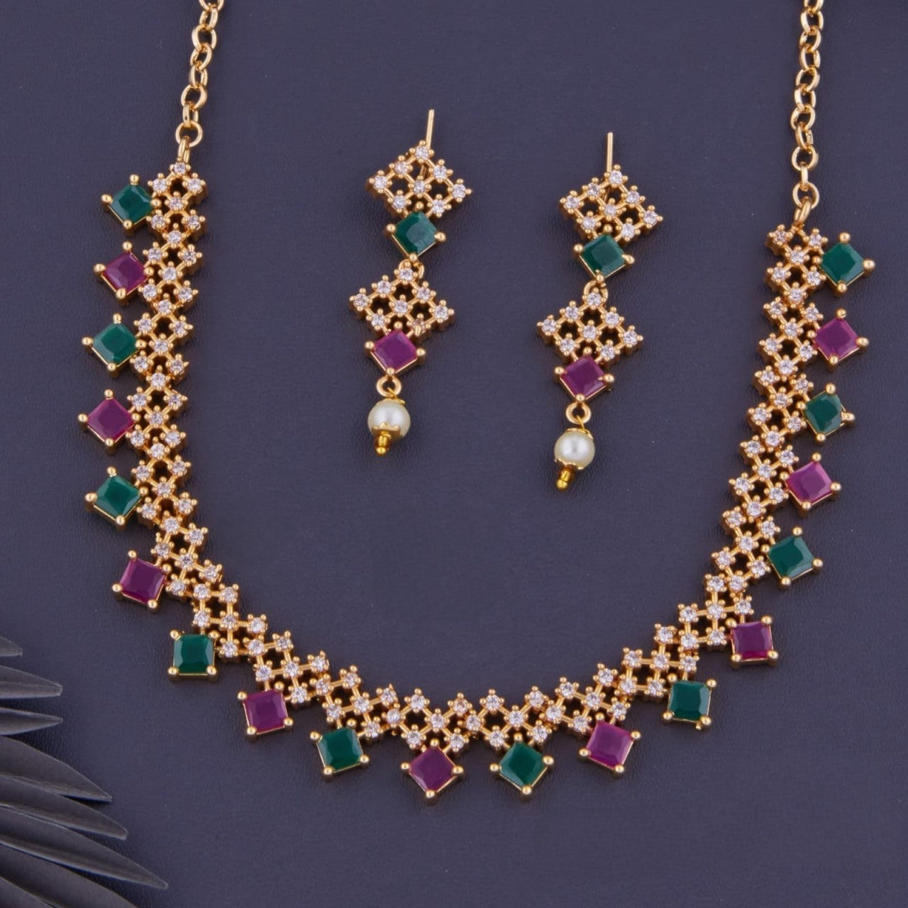 stunning american diamond stone necklace set with elegant earrings