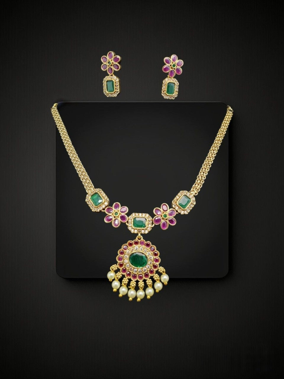 elegant american diamond necklace set with pink & green stones