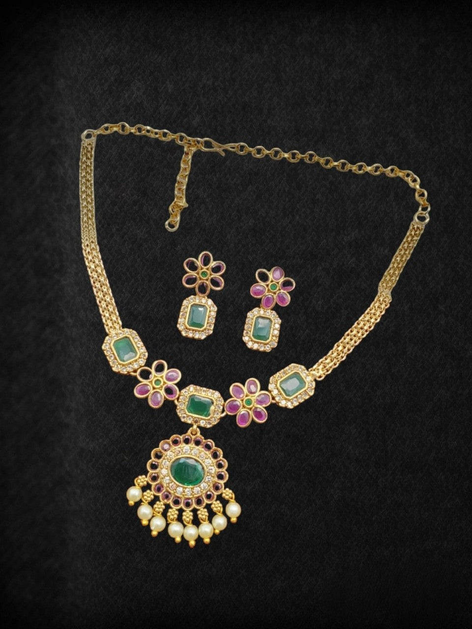 elegant american diamond necklace set with pink & green stones