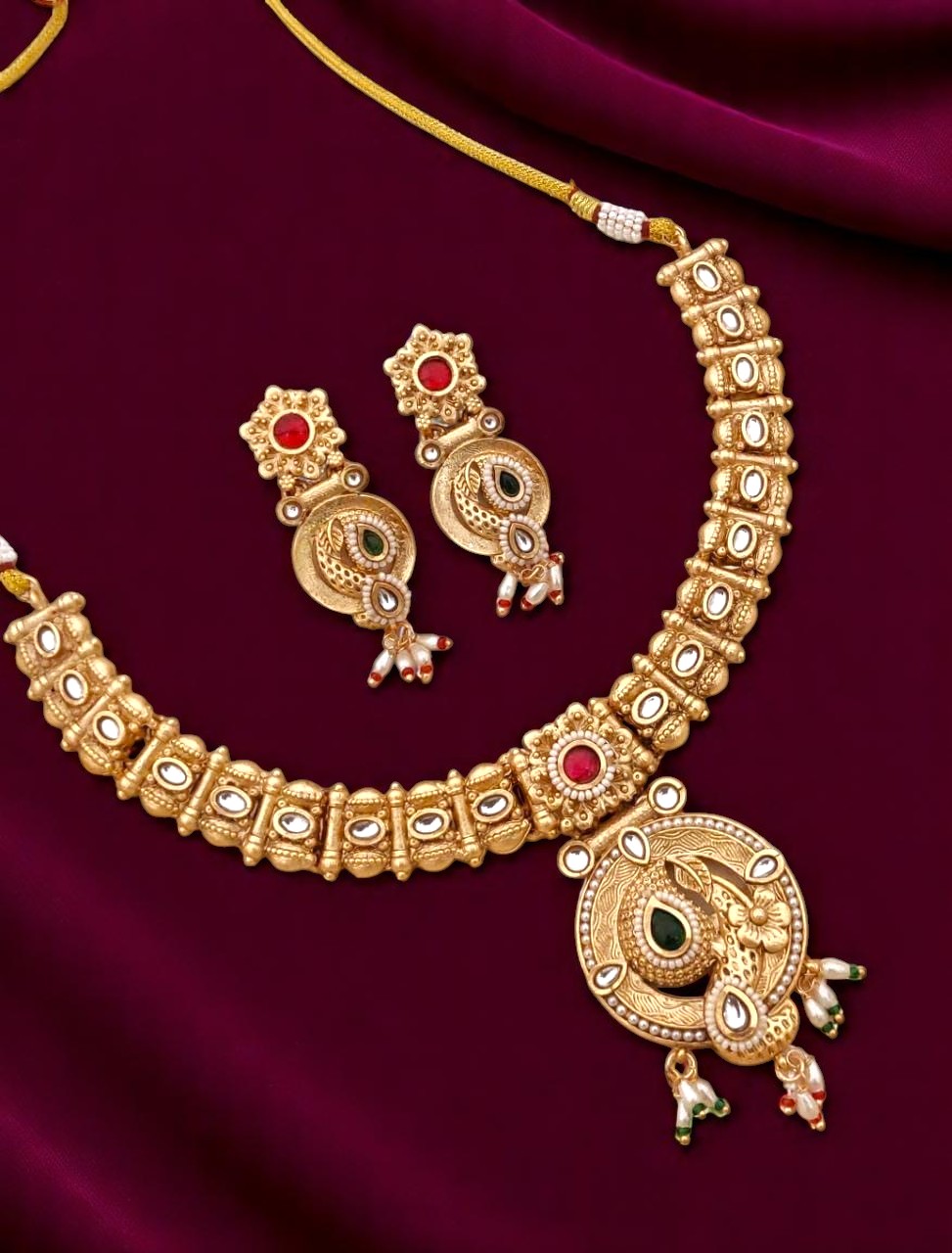 matte gold finish antique rajwadi necklace