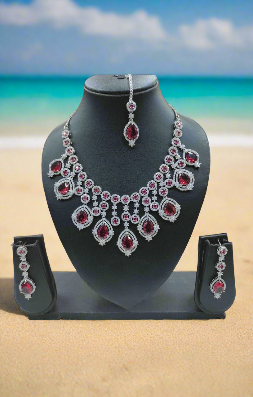 radiant cz american diamond necklace set with maang tikka