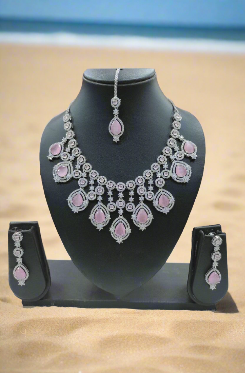 radiant cz american diamond necklace set with maang tikka