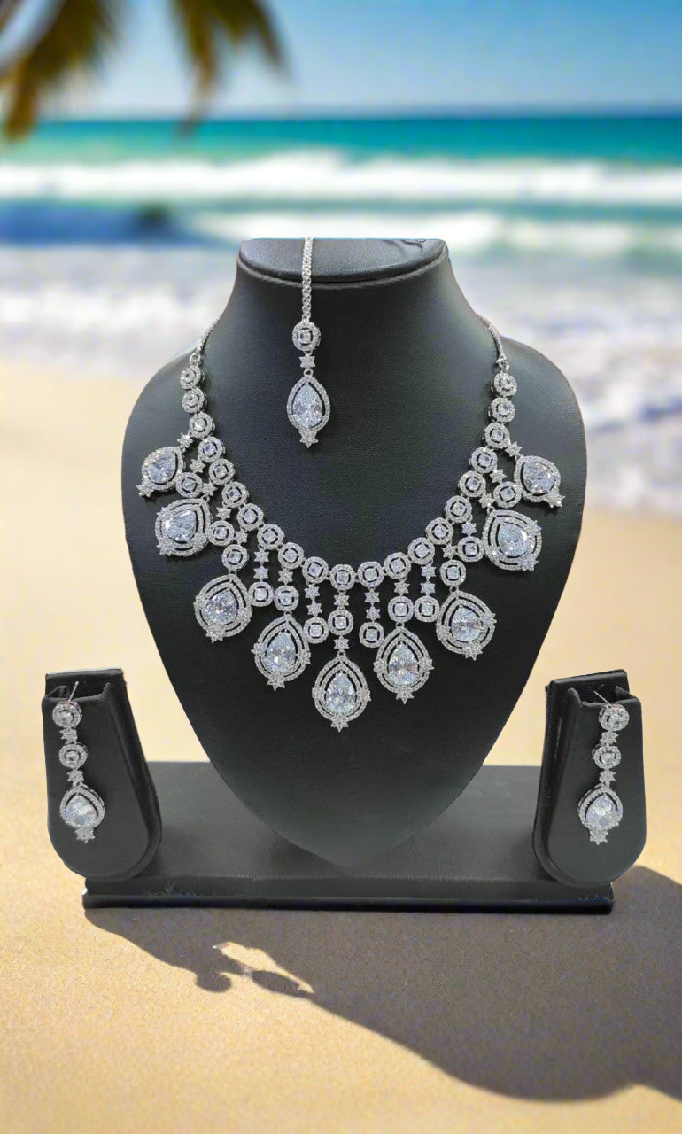 radiant cz american diamond necklace set with maang tikka