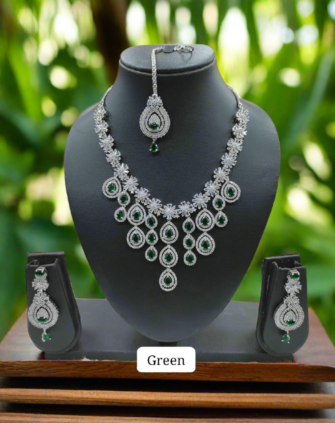 premium american diamond necklace set with maang tikka