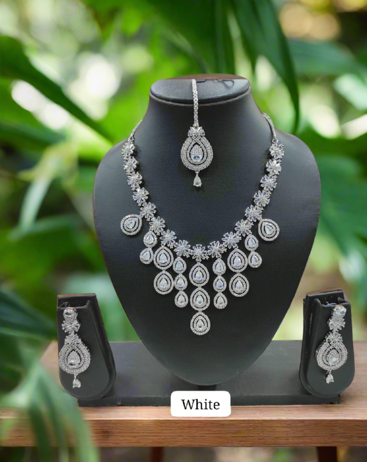 premium american diamond necklace set with maang tikka