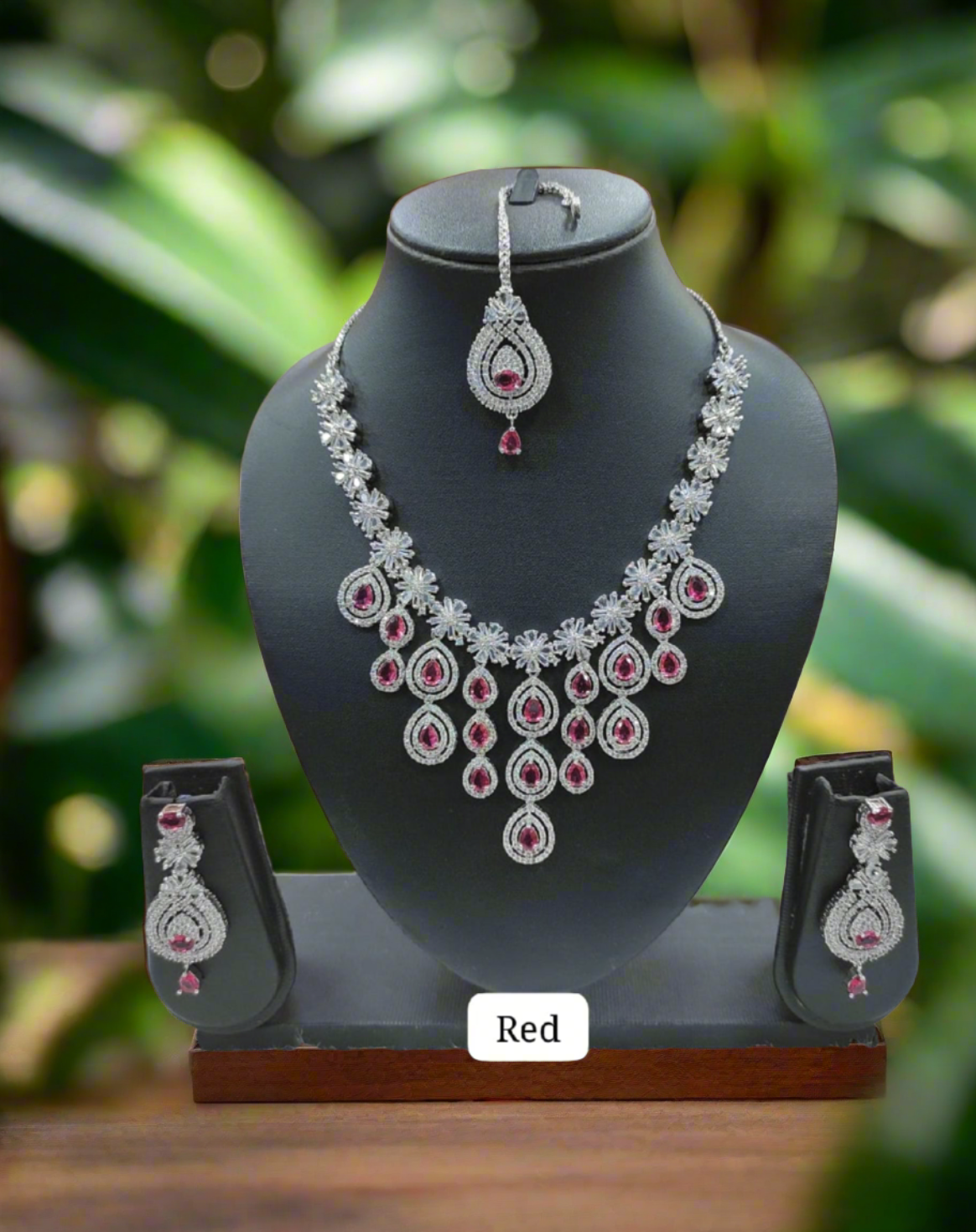 premium american diamond necklace set with maang tikka