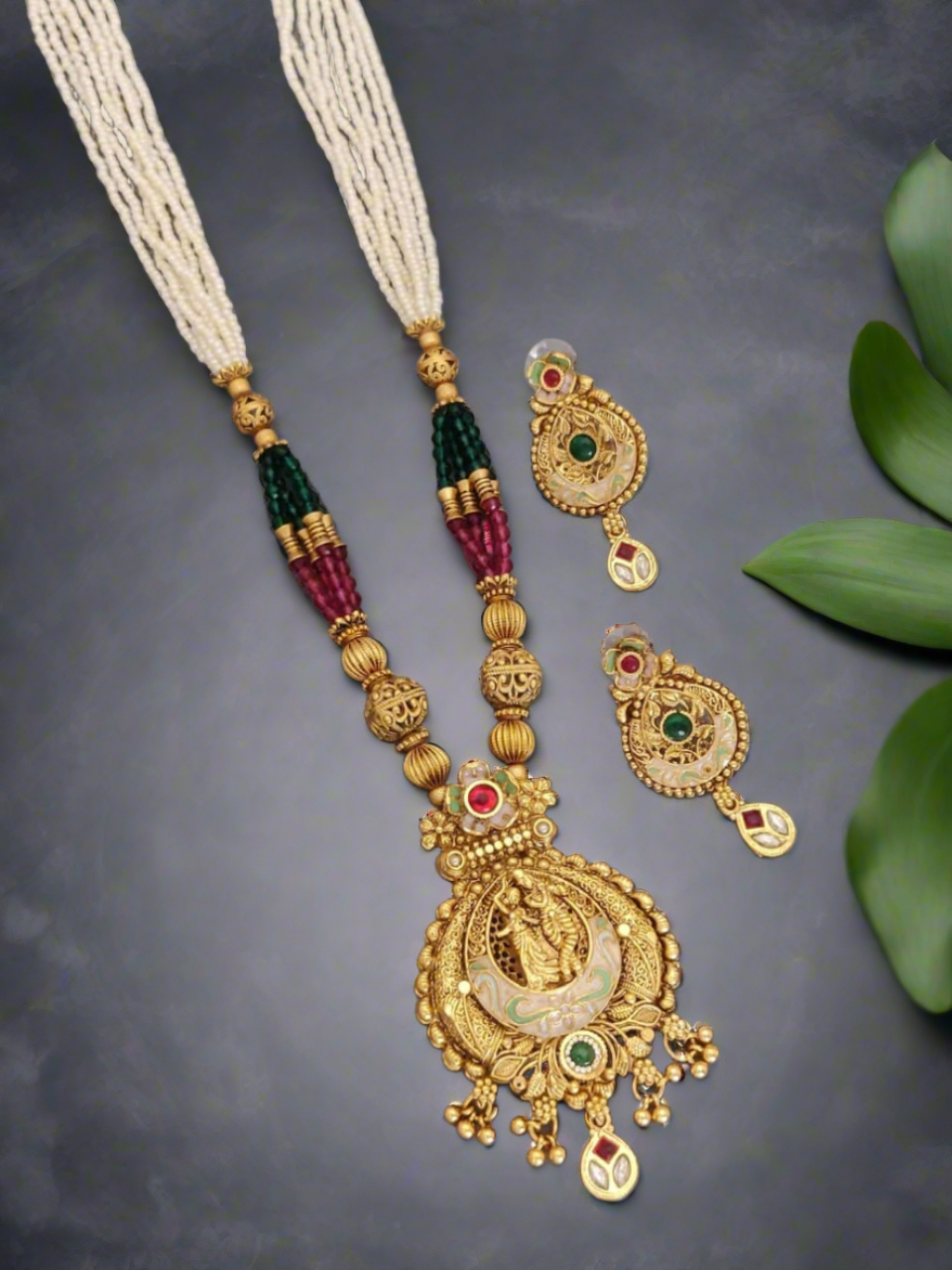 premium rajwadi moti mala long har set with earrings