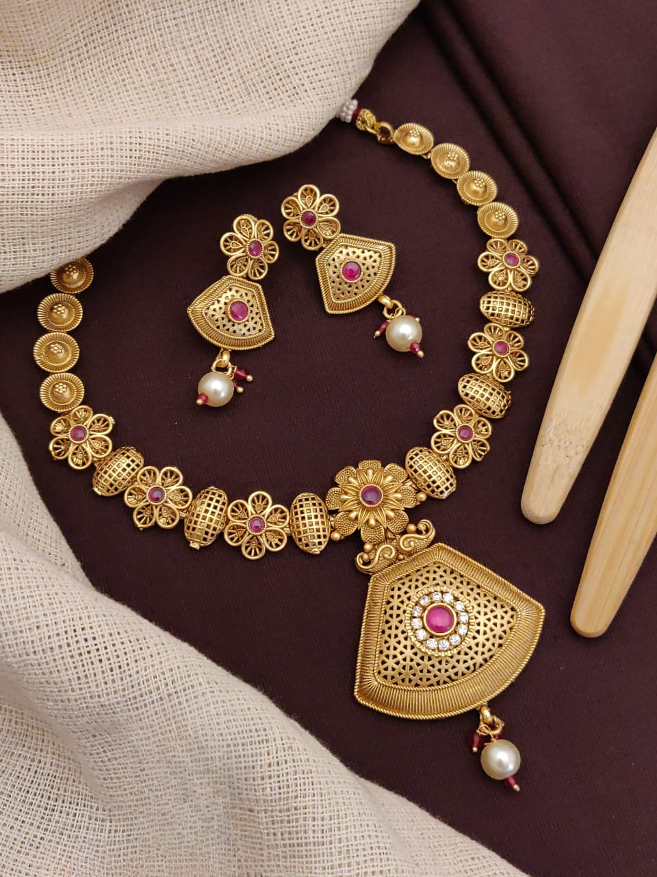 opulence preserved: antique high gold necklace set with earrings - timeless beauty unveiled